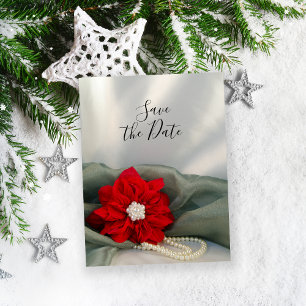 Poinsettia en Pearls Winter Wedding Save the Date Aankondigingskaart