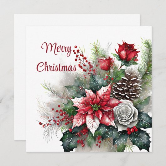 Poinsettia en roos spray feestdagenkaart (Voorkant / Achterkant)