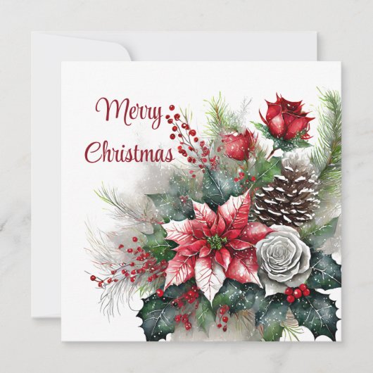 Poinsettia en roos spray feestdagenkaart (Voorkant)