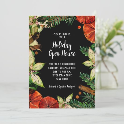 Poinsettia en Sinaasappels Kerst Kaart (Staand voorkant)