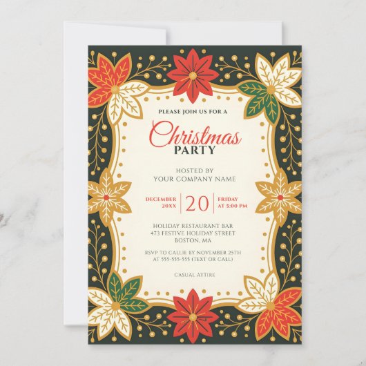 Poinsettia en Snowflake Corporate Christmas Party Kaart (Voorkant)