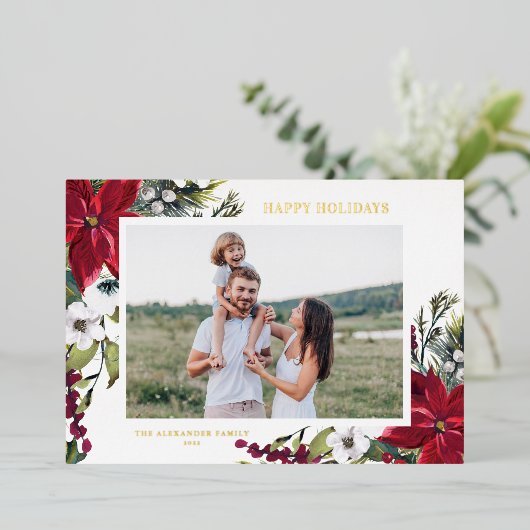 Poinsettia en sparrenbladeren vrolijke feestdagen  (Staand Voorkant)