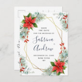 Poinsettia Eucalyptus Pine Bruiloft Save the Date Aankondigingskaart (Voorkant / Achterkant)