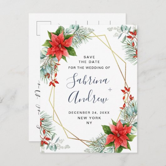 Poinsettia Eucalyptus Pine Bruiloft Save the Date Aankondigingskaart (Voorkant / Achterkant)