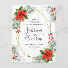 Poinsettia Eucalyptus Pine Bruiloft Save the Date