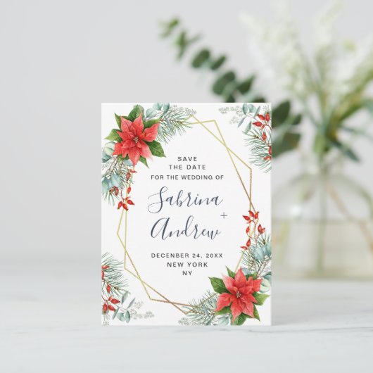 Poinsettia Eucalyptus Pine Bruiloft Save the Date Aankondigingskaart (Staand voorkant)