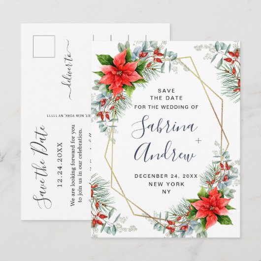 Poinsettia Eucalyptus Pine Bruiloft Save the Date Aankondigingskaart (Voorkant / Achterkant)
