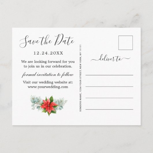 Poinsettia Eucalyptus Pine Bruiloft Save the Date Aankondigingskaart (Achterkant)