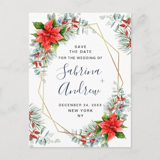 Poinsettia Eucalyptus Pine Bruiloft Save the Date Aankondigingskaart (Voorkant)