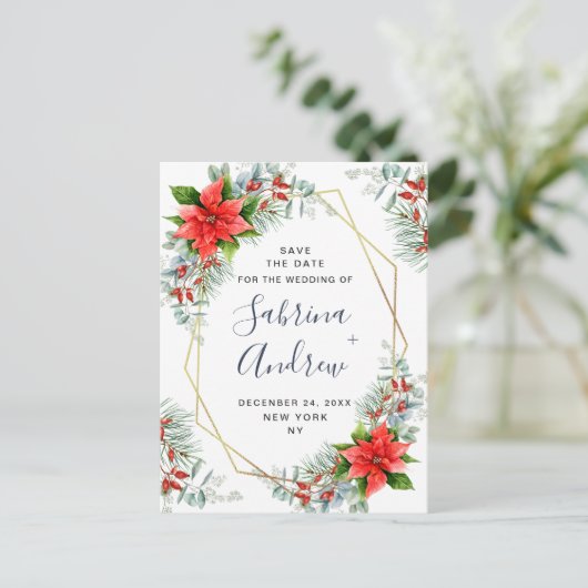 Poinsettia Eucalyptus Pine Bruiloft Save the Date Aankondigingskaart (Staand voorkant)