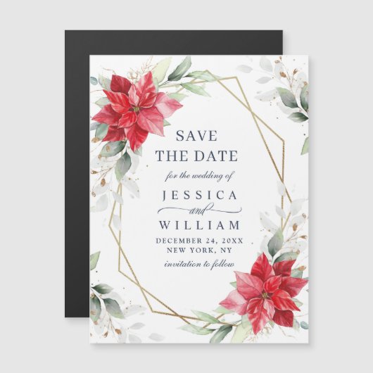 Poinsettia Eucalyptus Save the Date Magnetic Card (Voorkant / Achterkant)