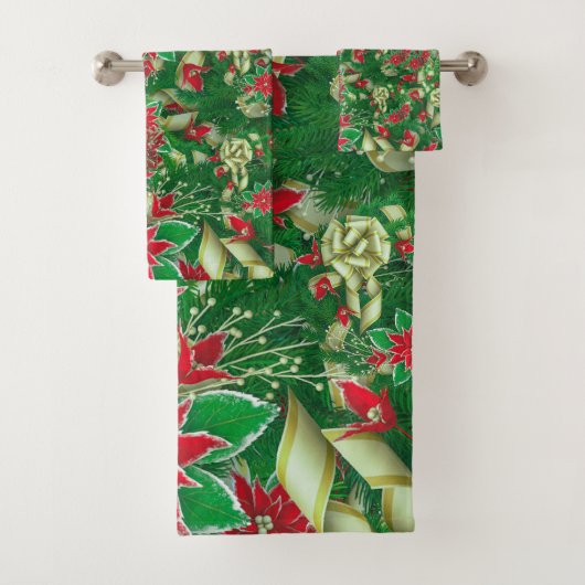 Poinsettia Fir Leaves Ribbons Floral Kerstmis | Bad Handdoek (Insitu)