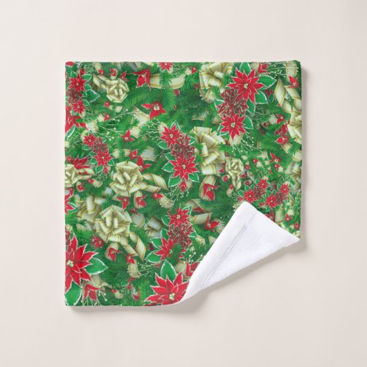 Poinsettia Fir Leaves Ribbons Floral Kerstmis | Bad Handdoek (Wasdoekje)