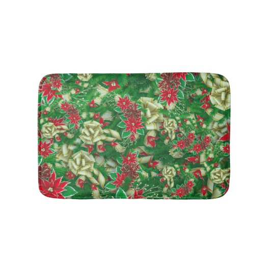 Poinsettia Fir Leaves Ribbons Floral Kerstmis | Badmat (Voorkant)