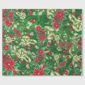 Poinsettia Fir Leaves Ribbons Floral Kerstmis | Cadeaupapier (Vlak)