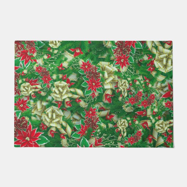 Poinsettia Fir Leaves Ribbons Floral Kerstmis | Deurmat (Voorkant)
