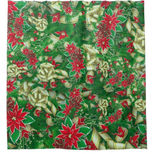 Poinsettia Fir Leaves Ribbons Floral Kerstmis | Douchegordijn (Voorkant)