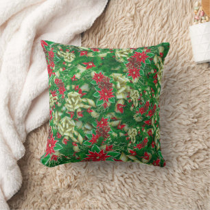 Poinsettia Fir Leaves Ribbons Floral Kerstmis Kussen