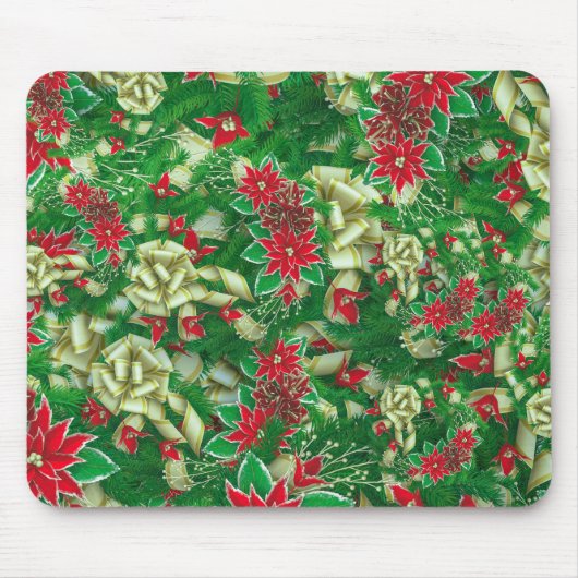 Poinsettia Fir Leaves Ribbons Floral Kerstmis | Muismat (Voorkant)