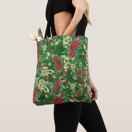Poinsettia Fir Leaves Ribbons Floral Kerstmis | Tote Bag (Dichtbij)