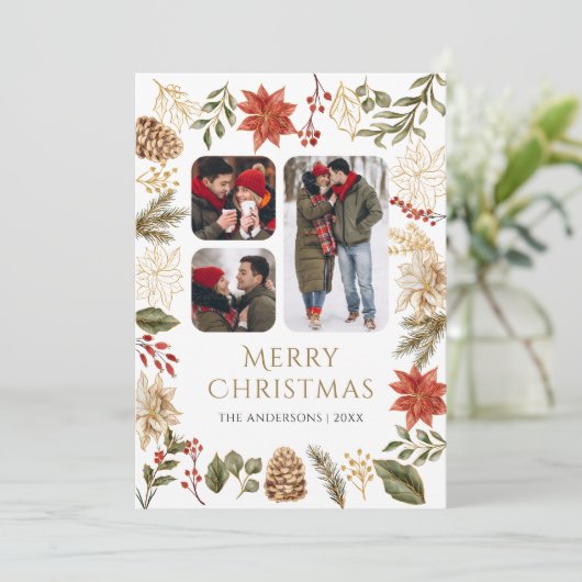 Poinsettia Floral 3 Fotocollage Kerstmis Feestdagenkaart (Staand voorkant)