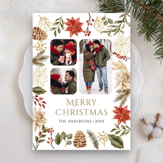 Poinsettia Floral 3 Fotocollage Kerstmis Feestdagenkaart