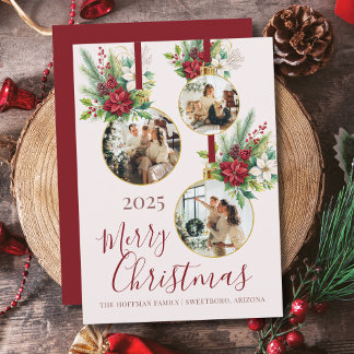 Poinsettia Floral 3 Photo Ornament Merry Christmas Feestdagenkaart