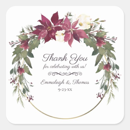 Poinsettia Floral Bedankt Favor | Scarlet Red Vierkante Sticker (Voorkant)
