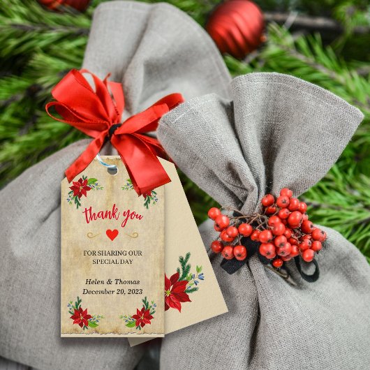 Poinsettia Floral Bouquet,  Dank u wel Cadeaulabel