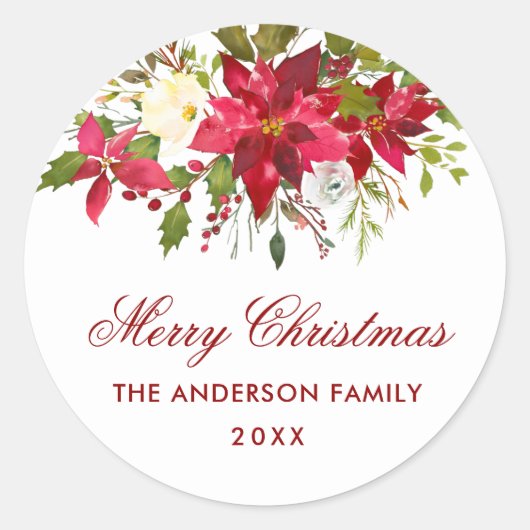 Poinsettia Floral Christmas Red Envelope Seal Ronde Sticker (Voorkant)
