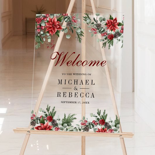 Poinsettia Floral Christmas Wedding Welcome Acryl Bord