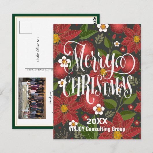 Poinsettia Floral Elegant Script Photo Business Briefkaart (Voorkant / Achterkant)