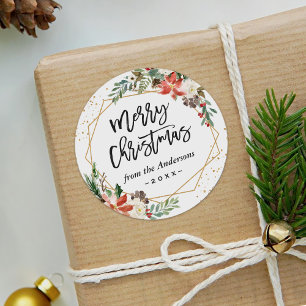Poinsettia Floral Geometric Merry Kerstscript Ronde Sticker