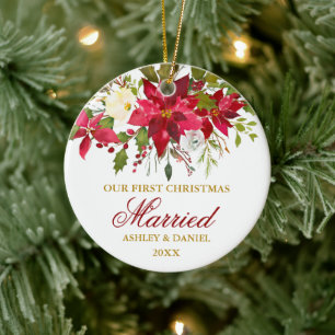 Poinsettia Floral Gold Eerste Kerstmis   Foto Keramisch Ornament