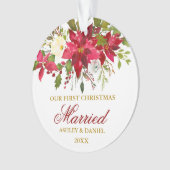 Poinsettia Floral Gold Eerste Kerstmis | Foto Ornament (voorkant)