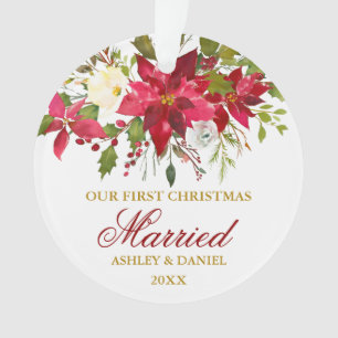 Poinsettia Floral Gold Eerste Kerstmis   Foto Ornament