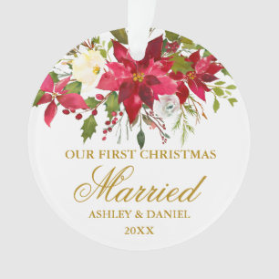 Poinsettia Floral Gold First Kersthuwelijk Ornament