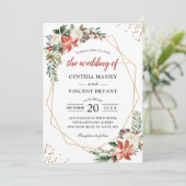 Poinsettia Floral Gold Geometric Kerstbruiloft Kaart (Staand voorkant)
