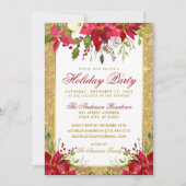 Poinsettia Floral Gold Glitter Red Holiday Party Kaart (Voorkant)