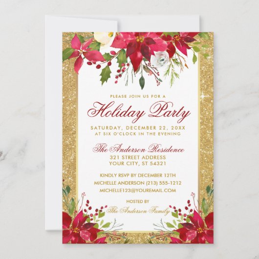 Poinsettia Floral Gold Glitter Red Holiday Party Kaart (Voorkant)
