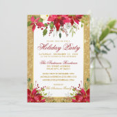 Poinsettia Floral Gold Glitter Red Holiday Party Kaart (Staand voorkant)