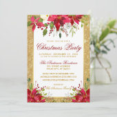 Poinsettia Floral Gold Glitter Red Kerstparty Kaart (Staand voorkant)