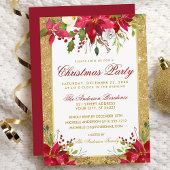 Poinsettia Floral Gold Glitter Red Kerstparty Kaart