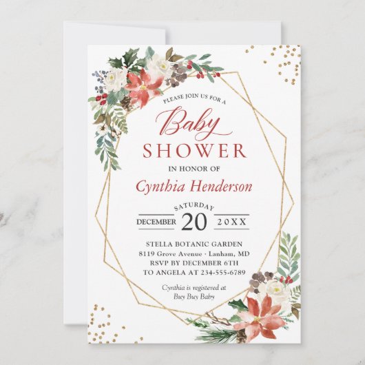 Poinsettia Floral Gold Lijst Winter Baby shower Kaart (Voorkant)