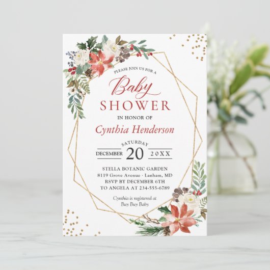 Poinsettia Floral Gold Lijst Winter Baby shower Kaart (Staand voorkant)