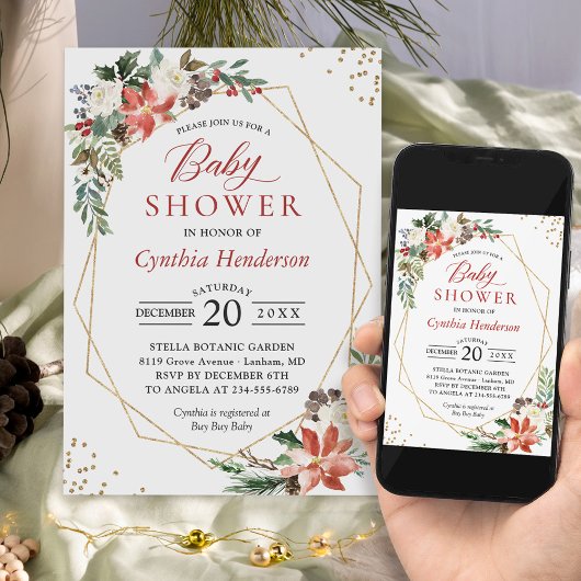 Poinsettia Floral Gold Lijst Winter Baby shower Kaart