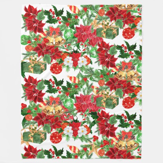 Poinsettia Floral kerstcollage Fleece Deken (Voorkant)