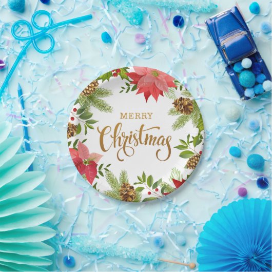 Poinsettia Floral Kerstmis | FEESTDAGEN Papieren Bordje (Feest)