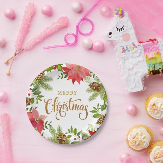 Poinsettia Floral Kerstmis | FEESTDAGEN Papieren Bordje (Feest)