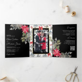 Poinsettia Floral QR Code Black Kerstbruiloft Drieluik Uitnodiging (Binnen)